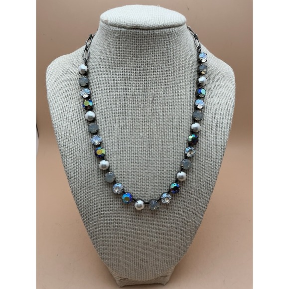 Mariana Gunmetal Necklace w/Iridescent Swarovski Crystals Faux Pearls 18